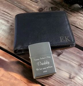 Personalised Soft Leather RFID Bi Fold Black Wallet & Zippo Lighter Gift Set - Picture 1 of 15