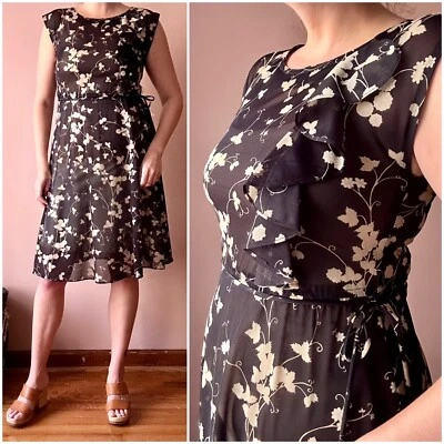 Vestido Vintage Años 70 - Negro Beige Floral Silueta Volantes Vestido Asimétrico Foto 1 de 4