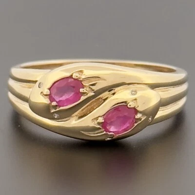 9ct Yellow Gold Ruby & Diamond Cluster Snake Ring Size P 1/2 Hallmarked - Image 1 of 4