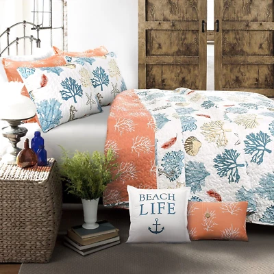 Coastal Reef Reversible Quilt Set, 7 Piece Set, Full/ Queen, Blue & Coral - Trop - Image 1 of 4