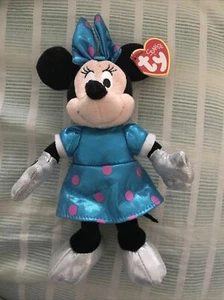 Disney Ty Beanie Babies Sparkle Minnie Mouse Blue Dress Pink Polka Dots - Picture 1 of 3