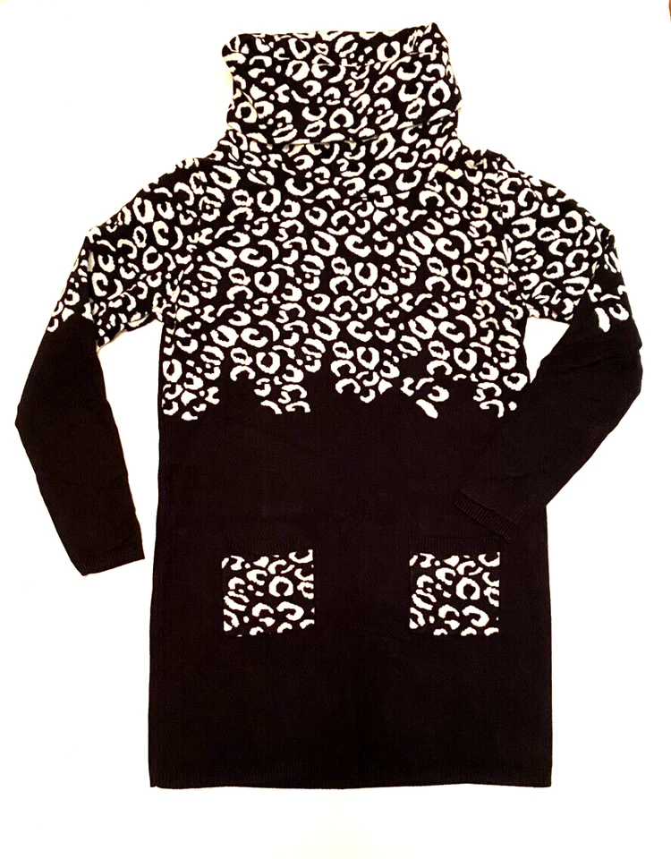 Suéter túnica cuello alto abstracto negro-blanco YUKA bolsillos delanteros T1-US pequeño Foto 1 de 4