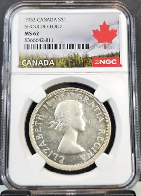 1953 CANADA SILVER 1 DOLLAR ELIZABETH II SHOULDER FOLD NGC MS 62 BEAUTIFUL COIN - Image 1 of 3