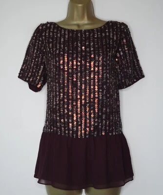 COAST PLUM WINE SEQUIN BLOUSE TOP SIZE 10 CHIFFON HEM SEQUINNED - Image 1 of 3