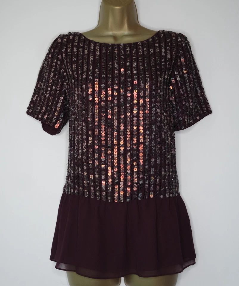 COAST PLUM WINE SEQUIN BLOUSE TOP SIZE 10 CHIFFON HEM SEQUINNED XMAS PARTY - Image 1 of 3