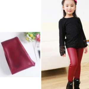 Kids Girl Fleece Lined Faux Leather Basic Pants Trousers Elastic Waist Warm Soft - Picture 1 of 12