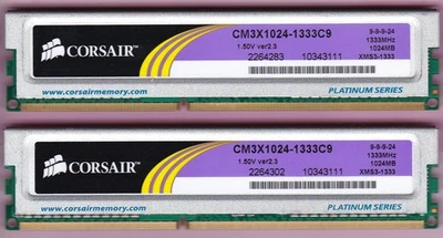 2GB 2x1GB PC3-10600 DDR3-1333 Corsair CM3X1024-1333C9 XMS3-1333 Memory v2.3 KIT - Image 1 of 2