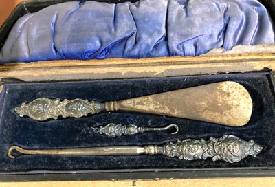 Plata 925 ALAS DE QUERUBINES DE ÁNGELES Ganchos de Botón Antiguo JUEGO DE CUERNO DE ZAPATO 1803 A&LL Foto 1 de 4