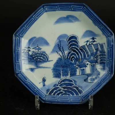 Beautiful antique japanese blue and white octagonal dish with landscape marked.  - Image 1 of 4