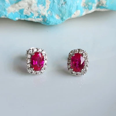 925 Sterling Silver 2ct Oval Red Ruby Sapphire Halo Stud Earrings - Image 1 of 2