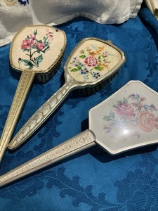 3 Vintage Vanity Hair Brushes  Printed Embroidered Floral Designs - Picture 1 of 7
