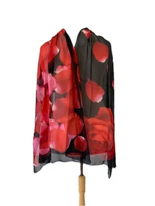 Y2# Moschino 100% Silk Scarf Sheer Black Red Rose Petal Floral Print Vintage - Picture 1 of 6
