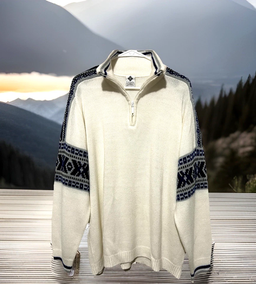 Columbia  Sweater XL 1/4 Zip White Navy Gray Fair isle Pullover Size Extra Large - Image 1 of 4