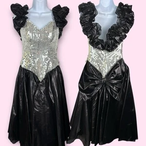 VTG 80s Alyce Designs 6 Prom Dress Gown Black Wet Look Silver Sequin Ruffle Bow - Picture 1 of 11