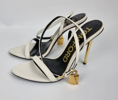 Sandalias TOM FORD Candado Cuero Brillante Tiza Blanco Punta 105mm Nuevas Foto 1 de 4