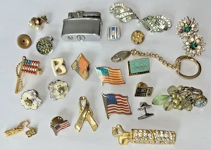 Junk Drawer Lot Vintage Jewelry Clip-On Earrings, Pins, Lighter, Keychain, Ring - Picture 1 of 10