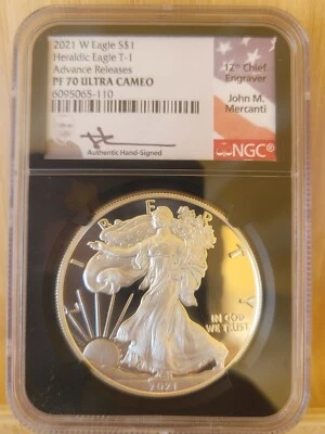 2021 W SILVER EAGLE TYPE 1 T1 NGC PF70 ADVANCE RELEASES  MERCANTI SIGNED Sigantu - Image 1 of 4