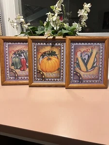 3 Pc Country Framed Art Prints - Pumpkin, Corn & Peppers Farmhouse Country Decor - Picture 1 of 5