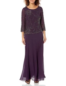J Kara Women 3/4 Sleeve Beaded Floral Asymmetrical Dress Plum/Shaded/Mercury, 8 - Picture 1 of 2