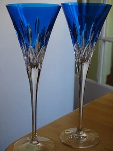 WATERFORD LISMORE TWO CHAMPAGNE GLASSES CRYSTAL CUT BLUE COLOR +ORGINAL BOX - Picture 1 of 9