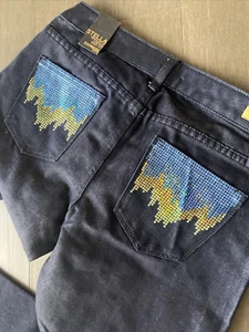 Express Stella Jean's Womens 8 Blue Embellished Shiny BootCut Low rise NWT - Picture 1 of 3