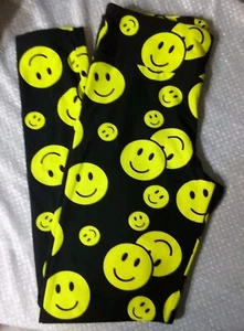 Leggings Kid's Girls Happy Face Size M (7-9) Black & Yellow - Picture 1 of 3