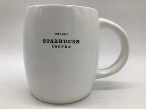 2008 Starbucks Barrel Shaped White W/Black Print Coffee/Tea Mug/Cup 14 Oz. - Picture 1 of 10