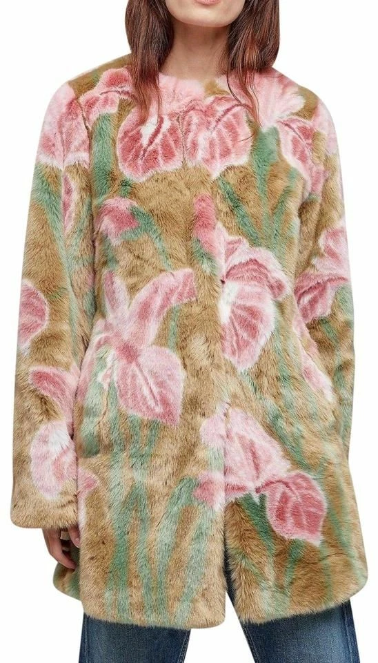 Anthropologie Seen Worn Kept marrón con rosa floral iris acrílico imitación piel abrigo 6 4  Foto 1 de 4