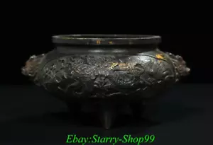 7"Xuande Marked Chinese Bronze Gilt Dragon Beast Lion Head Incense Burner Censer - Picture 1 of 9