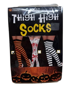 Thigh High Orange Black Stripe Stockings Socks Black Goth Punk Emo Dress Up Sexy - Picture 1 of 7