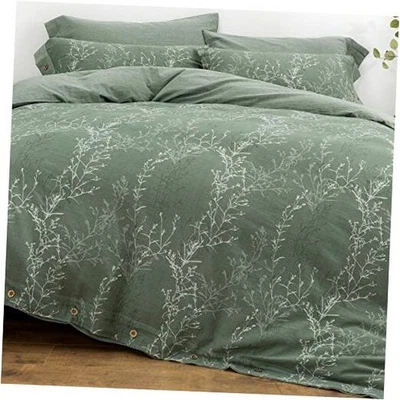Conjunto de Capa de Edredom Tamanho Fio de Algodão Lavado, Completo/Verde Rainha e Branco Ramo Fino - Imagem 1 de 4