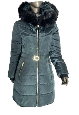 Guess Puffer Coat Womens Medium Green Belted Hooded Faux Fur Trim - Image 1 of 4