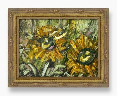 Arte abstracto girasoles pintura al óleo rústica girasol enmarcada arte floral original Foto 1 de 4