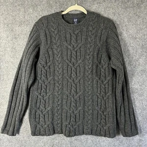 Vintage Gap Sweater Mens Medium Gray Lambswool Cable Knit Fisherman Pullover Y2K - Bild 1 von 12