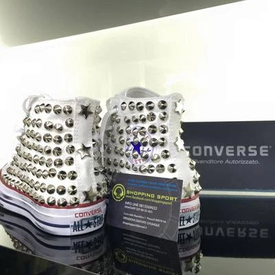 Converse Bianche Alte personalizzate borchie Argento stelle effetto invecchiato - Immagine 1 di 3