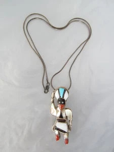 VTG ZUNI P N STERLING MULTISTONE INLAY TURQUOISE KACHINA BROOCH PENDANT NECKLACE - Picture 1 of 17