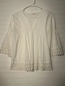 Solitaire Women's M Top White Blouse Boho Hippie Peasant Crochet 3/4 Sleeve - Picture 1 of 8