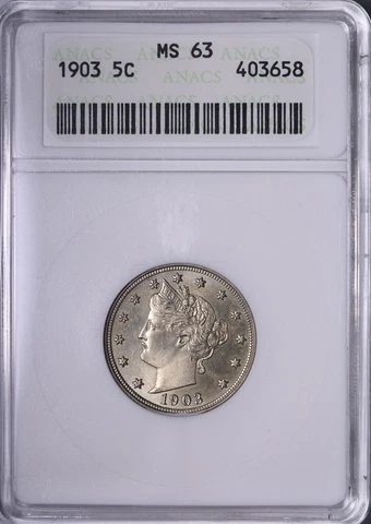 BU 1903 Liberty V Nickel ANACS MS63 Nice Surfaces & Luster RCEM Cover