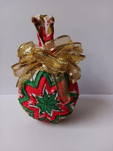 Quilted Folded Star Fabric Christmas Ornament Ball Red/Green/White Gold Ribbon - Picture 1 of 12