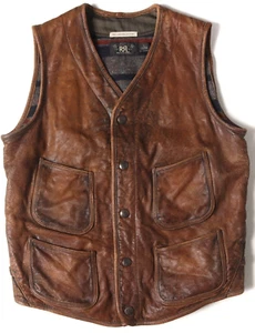 RRL Limited Edition Leather Vest Size S Brown Snap Button Blanket Lined Rare - Picture 1 of 9