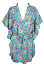 Boho Chic Blue Floral Caftan Bikini Cover Up Kimono Beach Kaftan Dress 