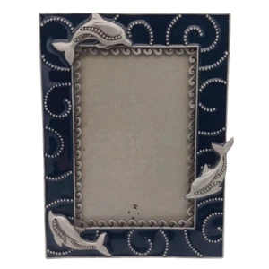 Dolphin Picture Frame Blue Enamel Pewter Silvertone Metal for 4 x 6 Photo - Picture 1 of 15