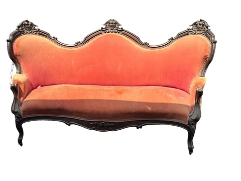 1860s walnut heavily carved victorian parlor sofa needs fabric original Cover