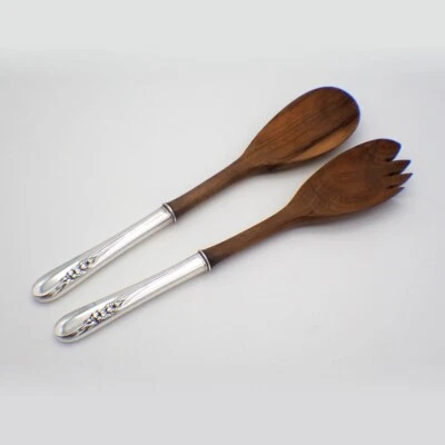 Juego de servir ensaladas Blossom Time cuencos de madera de plata de ley Foto 1 de 3