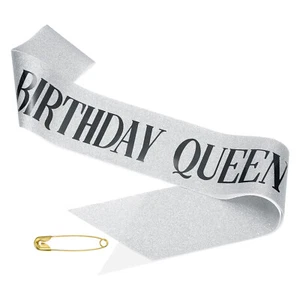 Birthday Girls Sash Glitter Birthday Queen Sash for Women with Safety Pin Silver - Picture 1 of 6
