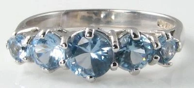 9CT 9K WHITE GOLD AQUAMARINE ETERNITY 5 STONE ART DECO INS BAND RNG FREE RESIZE - Image 1 of 4