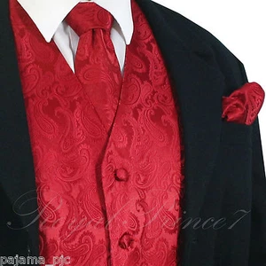 Red Men's Paisley Tuxedo Suit / Dress Vest Waistcoat & Neck tie & Hankie 20CC - Picture 1 of 4