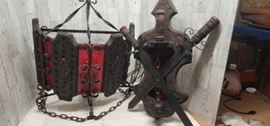 Vintage 60er Gothic Mittelalter MCM hängende Schmiedeeisen Leuchte & Flair Kugel Swor - Bild 1 von 17