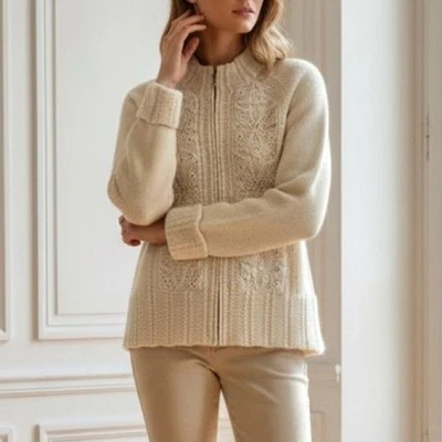 Suéter de diseño islandés de lana de cordero mezcla de angora cremallera completa superposición de encaje talla S Foto 1 de 4