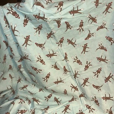 FABRIC Sock Monkey Cotton Blue Flannel Erin Michael Moda 36x40” - Image 1 of 2